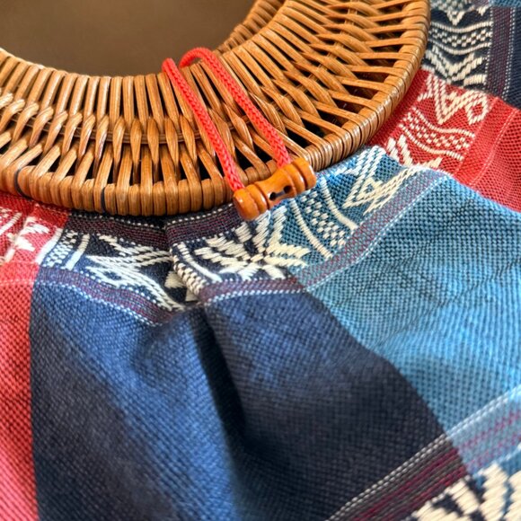 Womens‎ Red, White, & Blue Fabric Hand Bag With Rattan Boho Handle - Picture 5 of 6